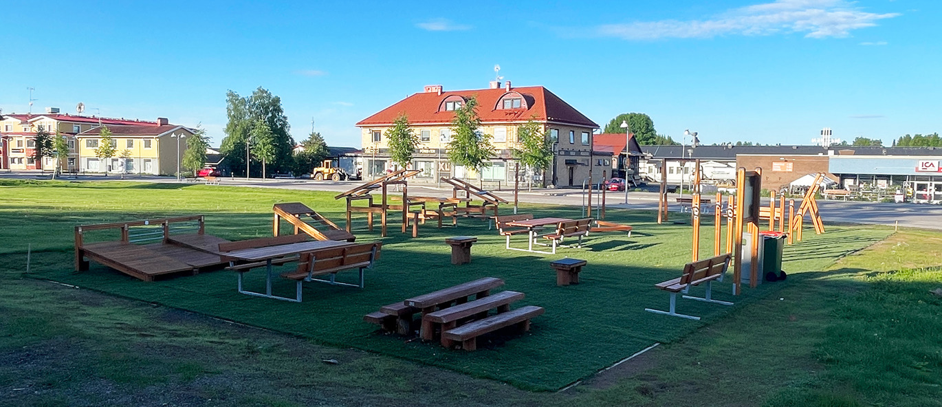 Utegym i tre på en grønn gressplen